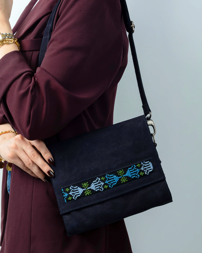 Navy Leather Crossbody Bag with Blue Rosette Tatreez