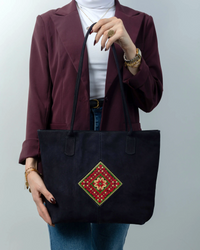 Navy Leather Embroidered Shoulder Bag