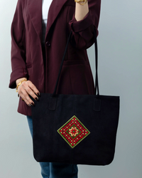 Navy Leather Embroidered Shoulder Bag