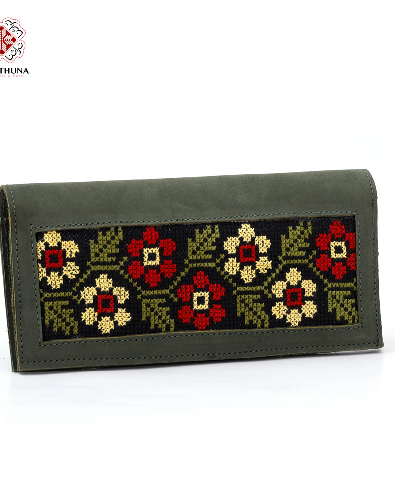 Green Leather Long Wallet with Red & Cream Floral-Rosette Tatreez