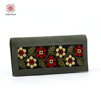 Green Leather Embroidered Long Wallet