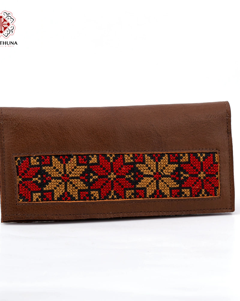Honey Leather Long Wallet with Red & Tan Eight-Point Star Tatreez