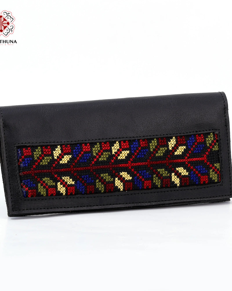 Black Leather Long Wallet with Multicolor Geometric-Band Tatreez