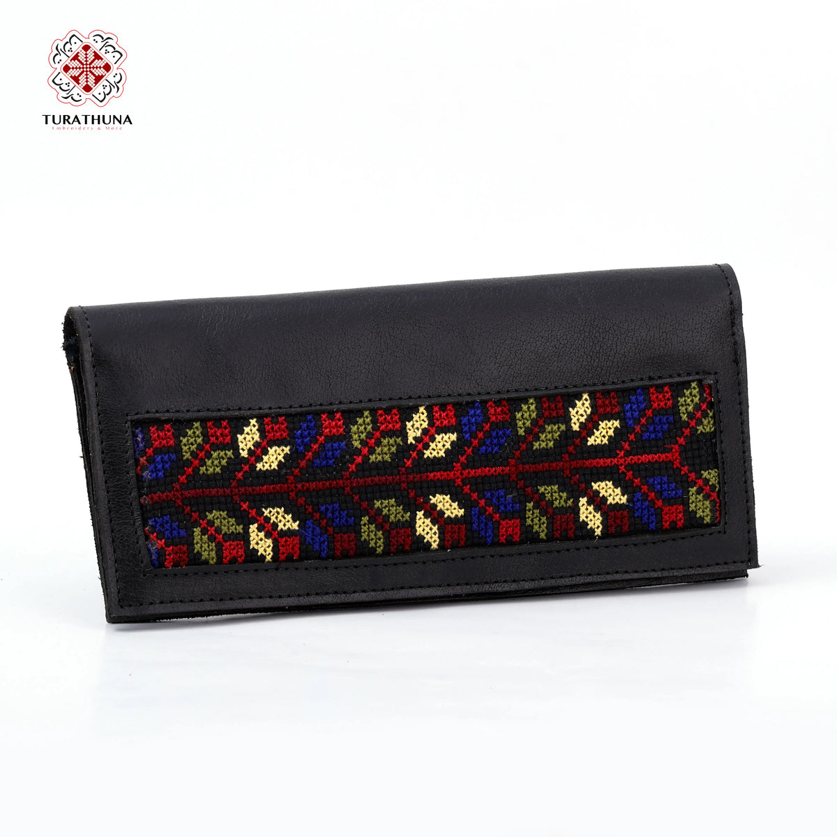 Black Leather Embroidered Long Wallet