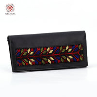 Black Leather Embroidered Long Wallet