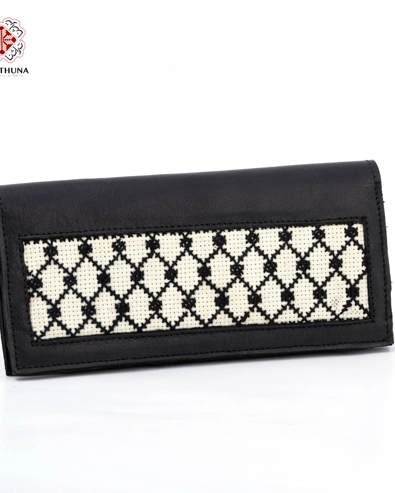 Black Leather Long Wallet with Black Diamond-Lattice Tatreez