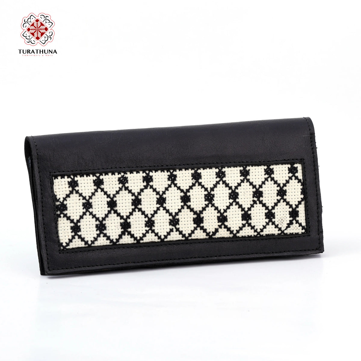 Black Leather Embroidered Long Wallet