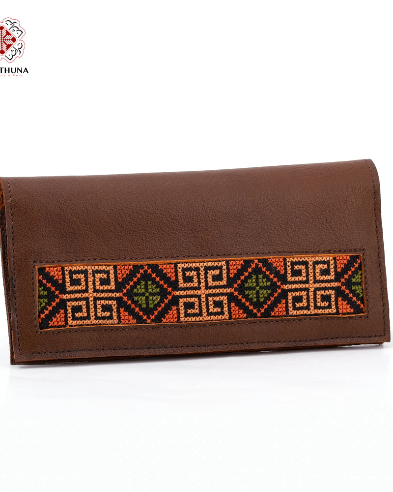 Honey Leather Long Wallet with Tan Geometric-Fret Band Tatreez