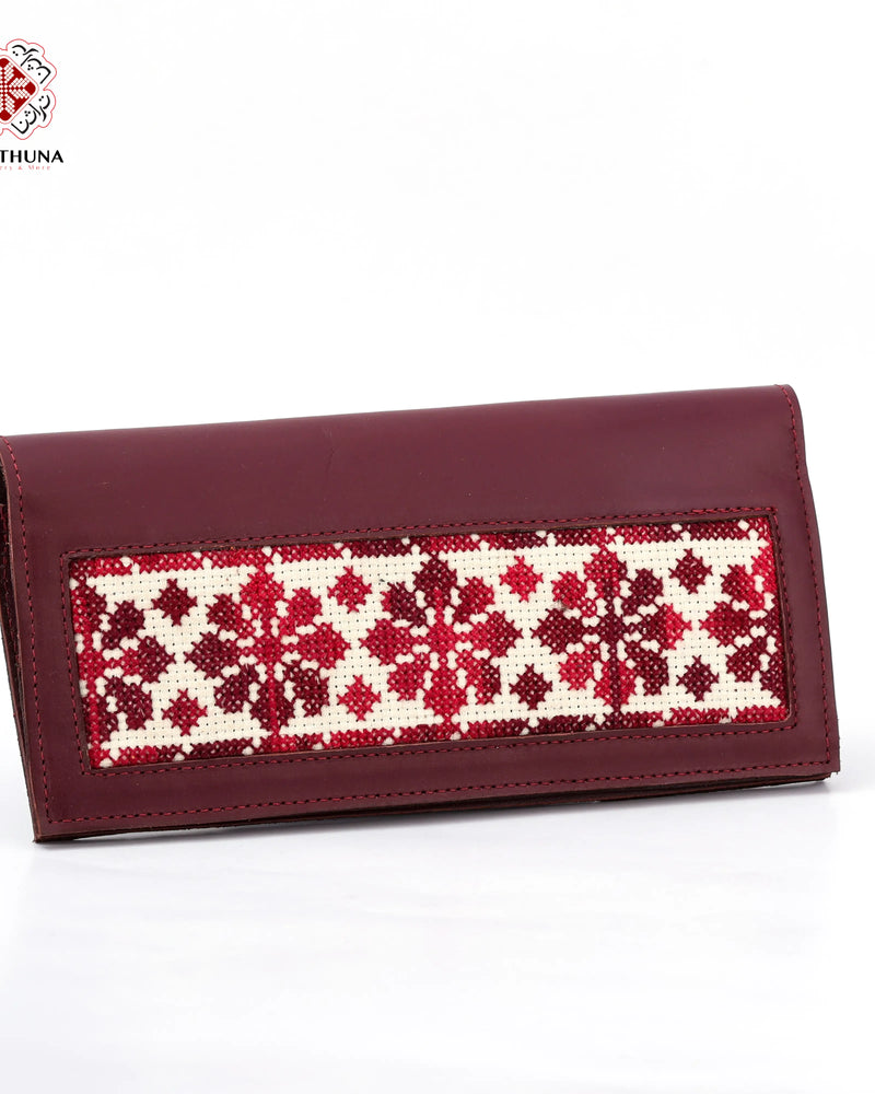 Maroon Leather Long Wallet with Crimson Diamond Tatreez on Ivory