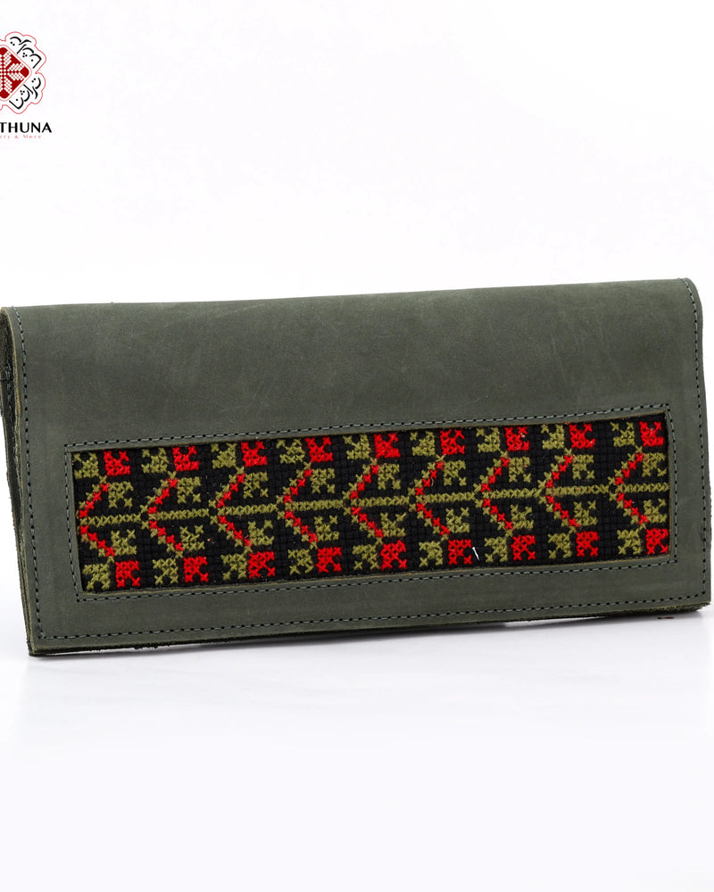 Green Leather Long Wallet with Red & Olive Geometric-Branch Tatreez