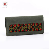 Green Leather Embroidered Long Wallet