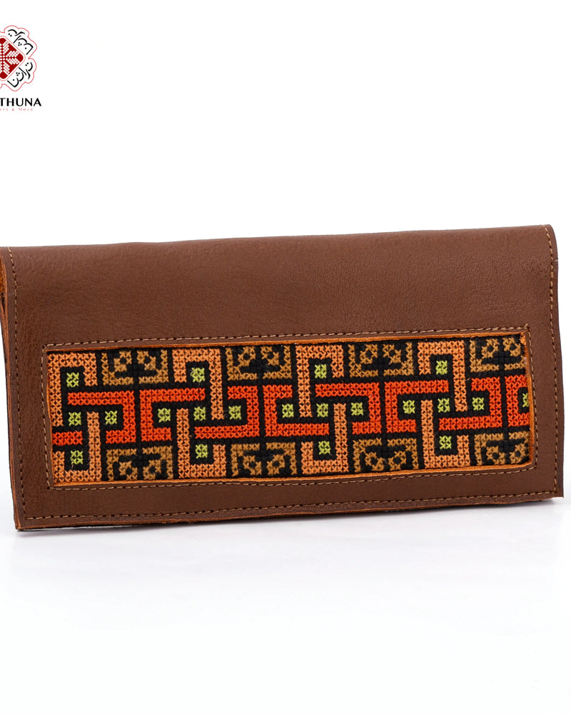 Brown Leather Long Wallet with Orange Geometric-Maze Tatreez