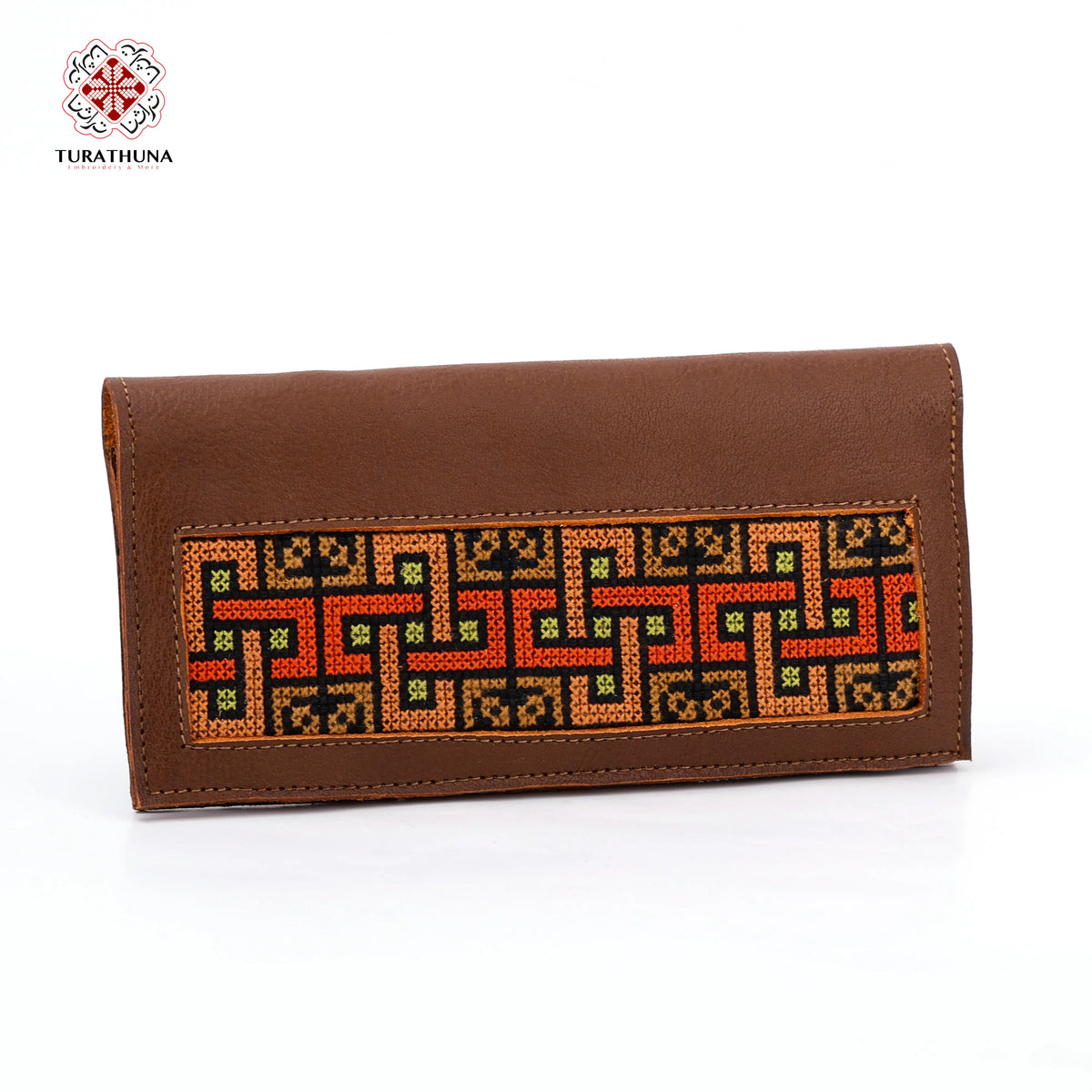 Brown Leather Embroidered Long Wallet