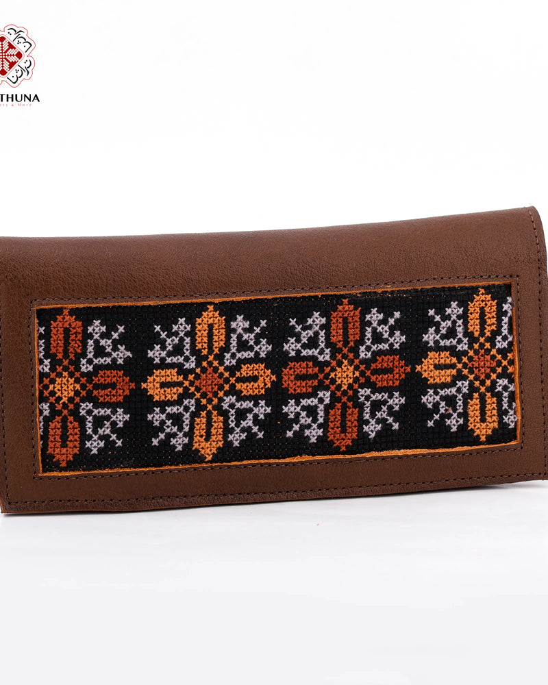 Brown Leather Long Wallet with Orange & White Star Tatreez