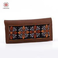 Brown Leather Embroidered Long Wallet