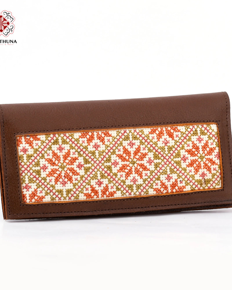 Brown Leather Long Wallet with Olive & Coral Diamond-Lattice Tatreez