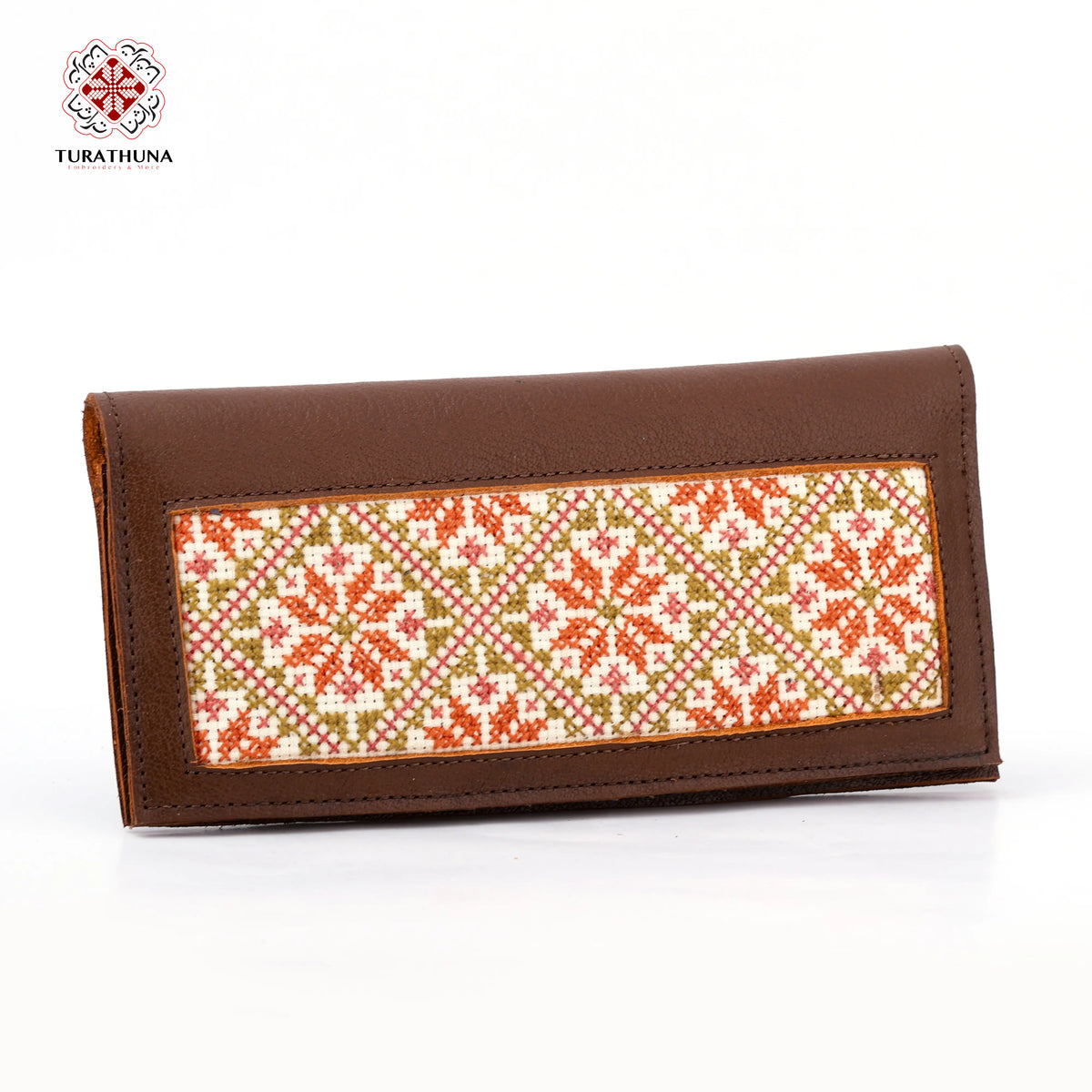 Brown Leather Embroidered Long Wallet