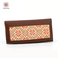 Brown Leather Embroidered Long Wallet