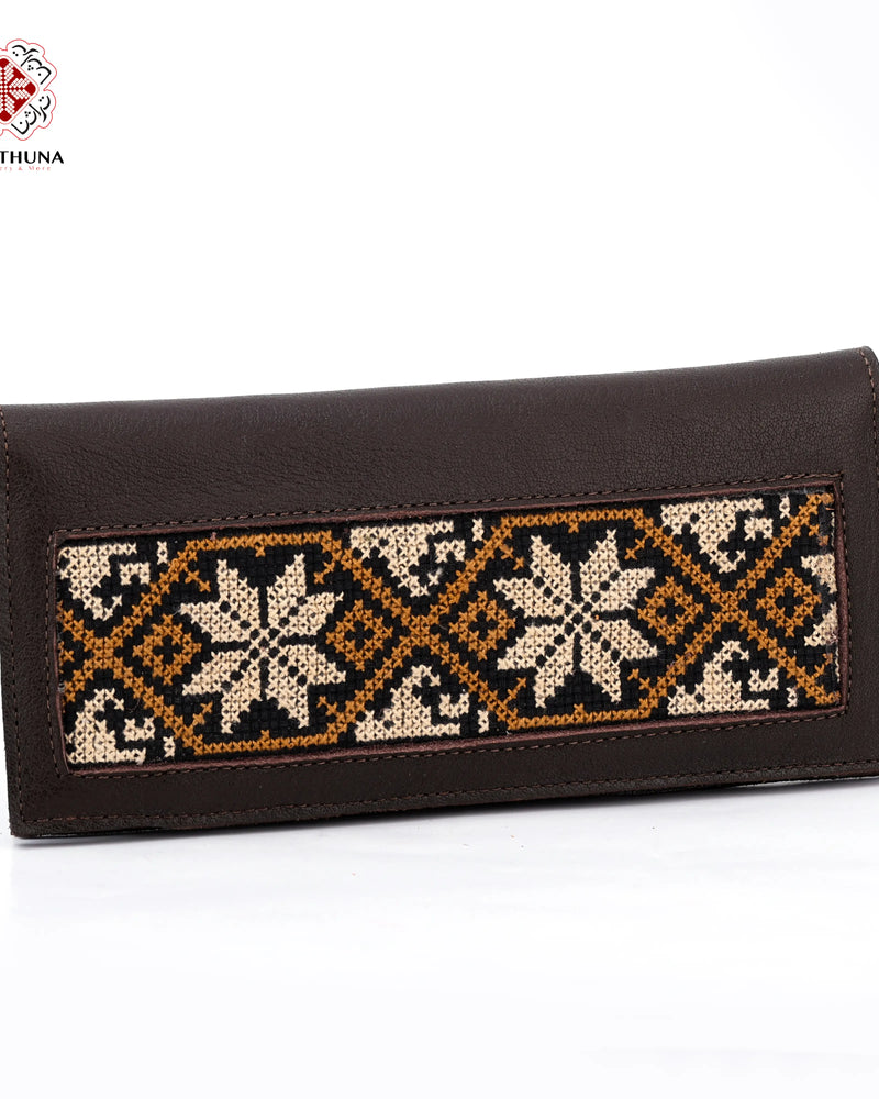 Brown Leather Long Wallet with Cream & Gold Eight-Point Star Tatreez