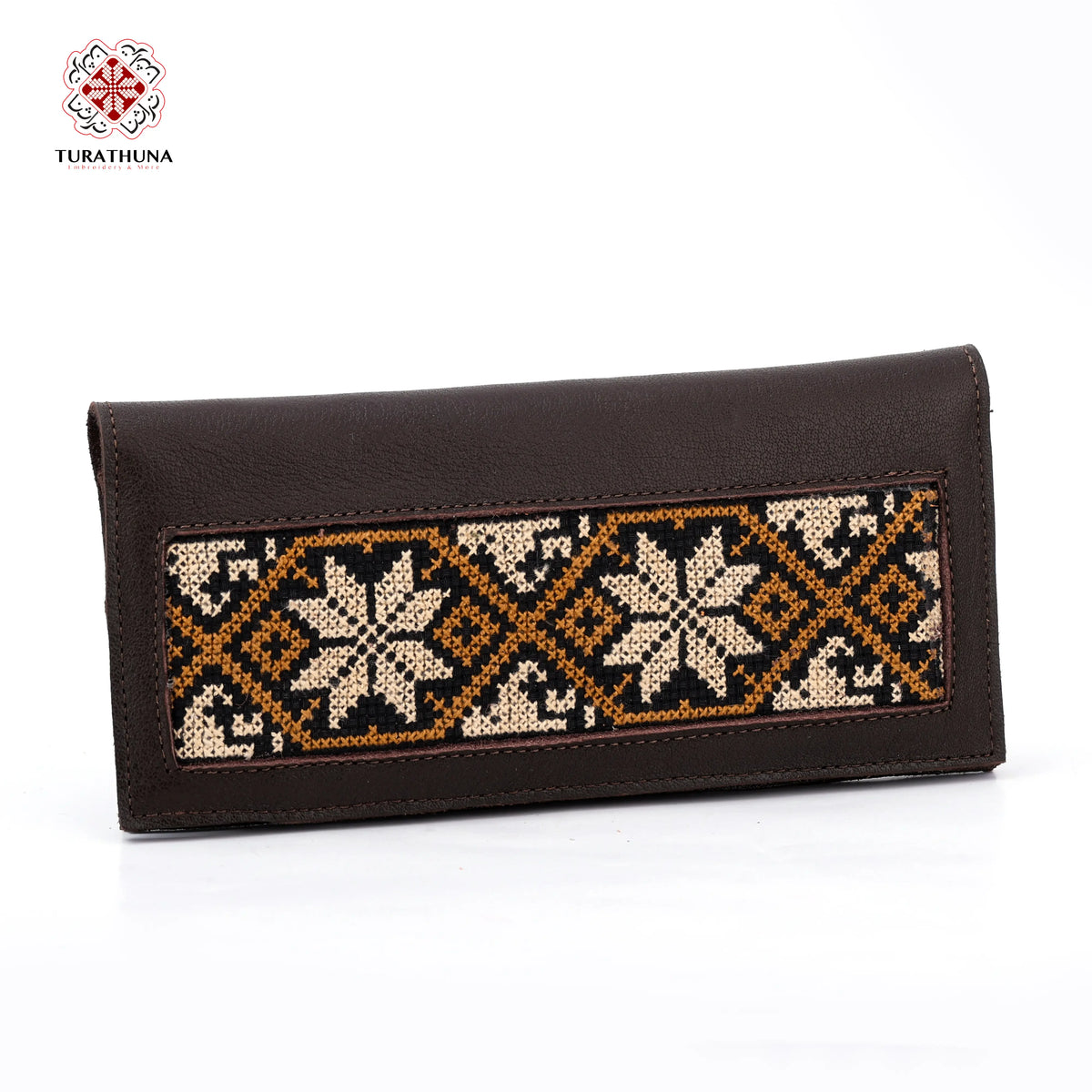 Brown Leather Embroidered Long Wallet