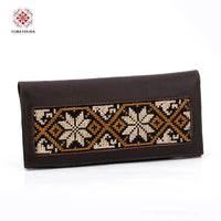 Brown Leather Embroidered Long Wallet
