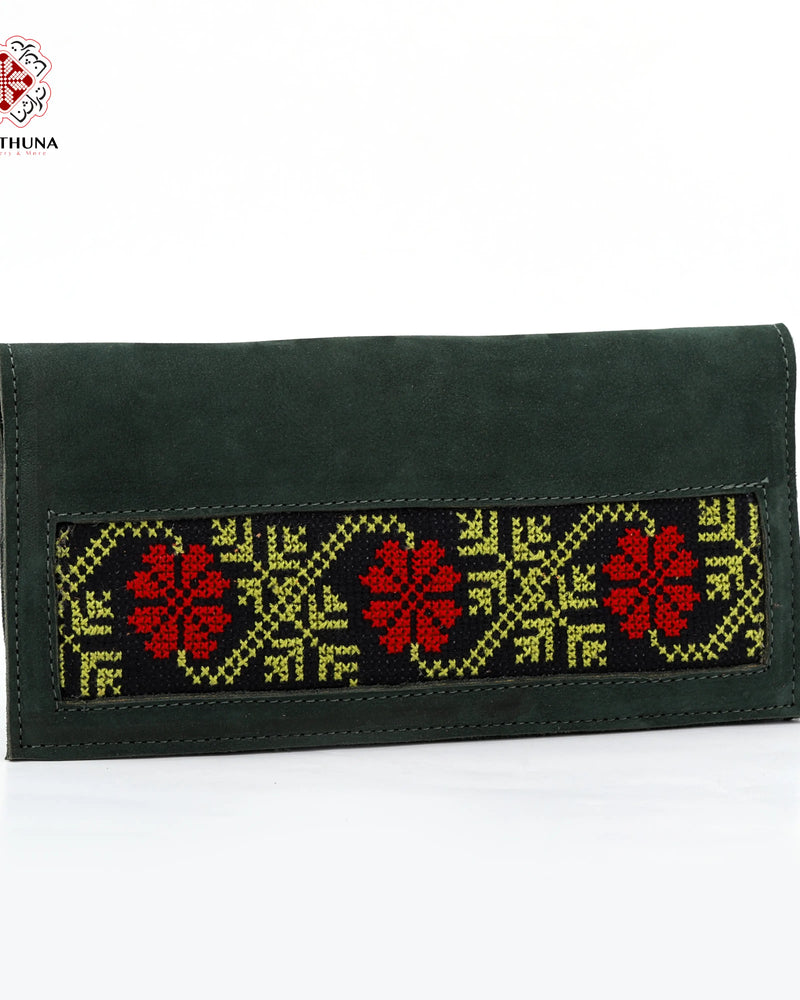 Olive Green Leather Long Wallet with Red Rosette & Chartreuse Vine Tatreez