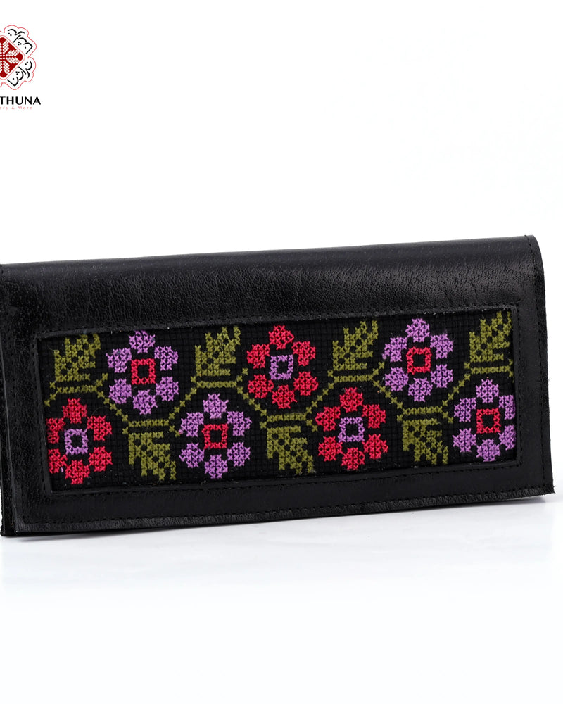 Black Leather Long Wallet with Purple & Red Floral-Bouquet Tatreez