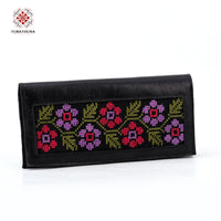 Black Leather Embroidered Long Wallet