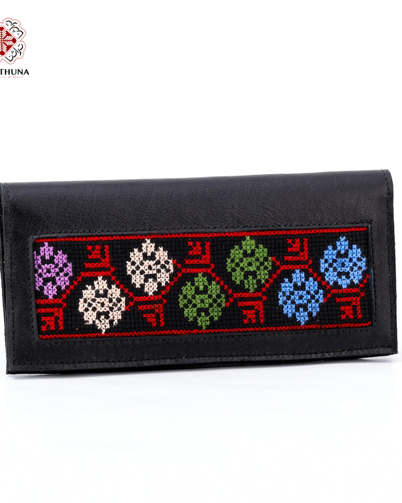 Black Leather Long Wallet with Multicolor Rosette-Band Tatreez