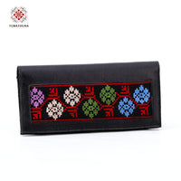 Black Leather Embroidered Long Wallet