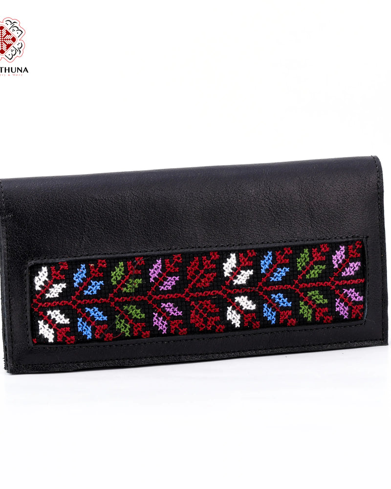 Black Leather Long Wallet with Multicolor Diamond-Rosette Tatreez