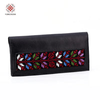 Black Leather Embroidered Long Wallet