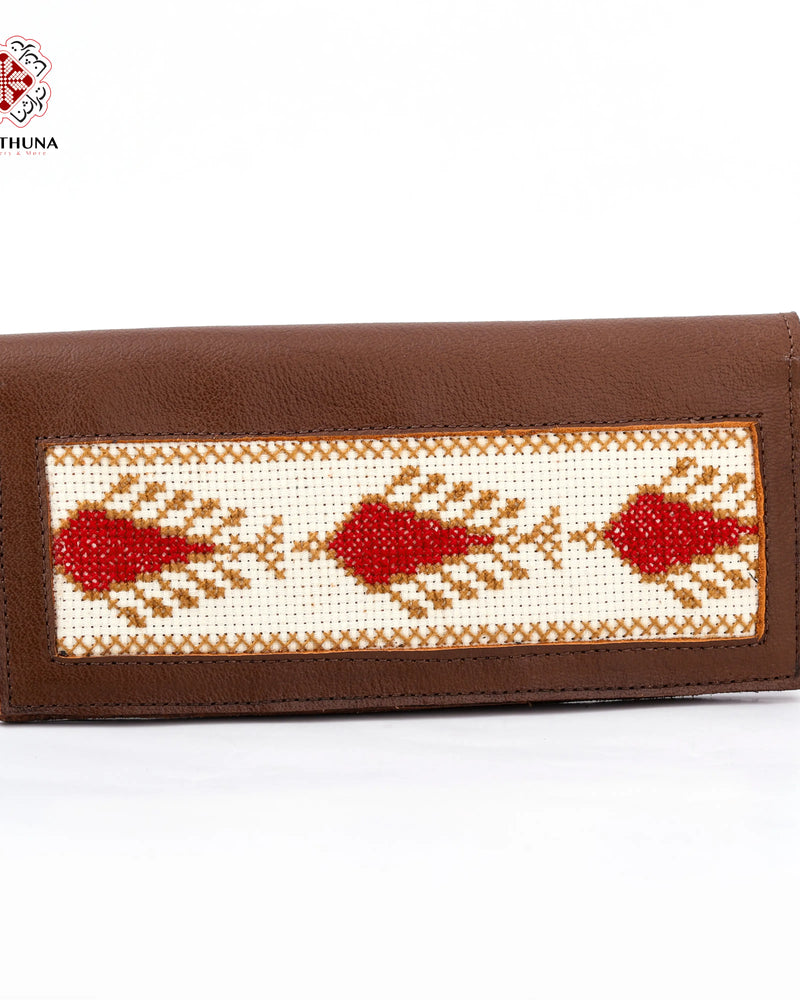 Honey Leather Long Wallet with Red Leaf & Ochre Vine Tatreez