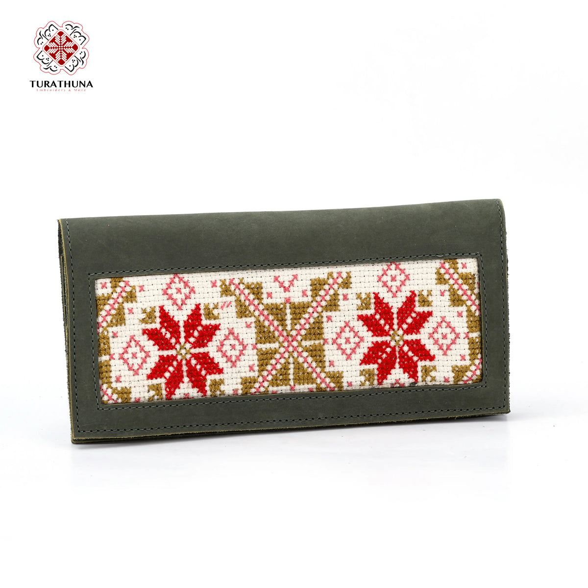 Olive Green Leather Embroidered Long Wallet