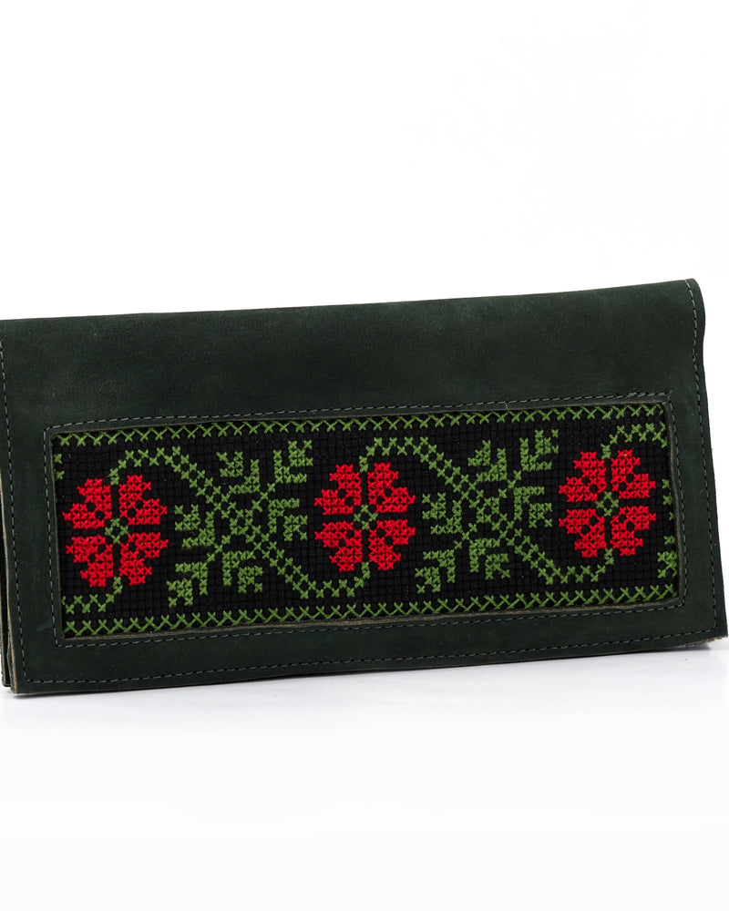 Green Leather Long Wallet with Red Rosette & Green Vine Tatreez