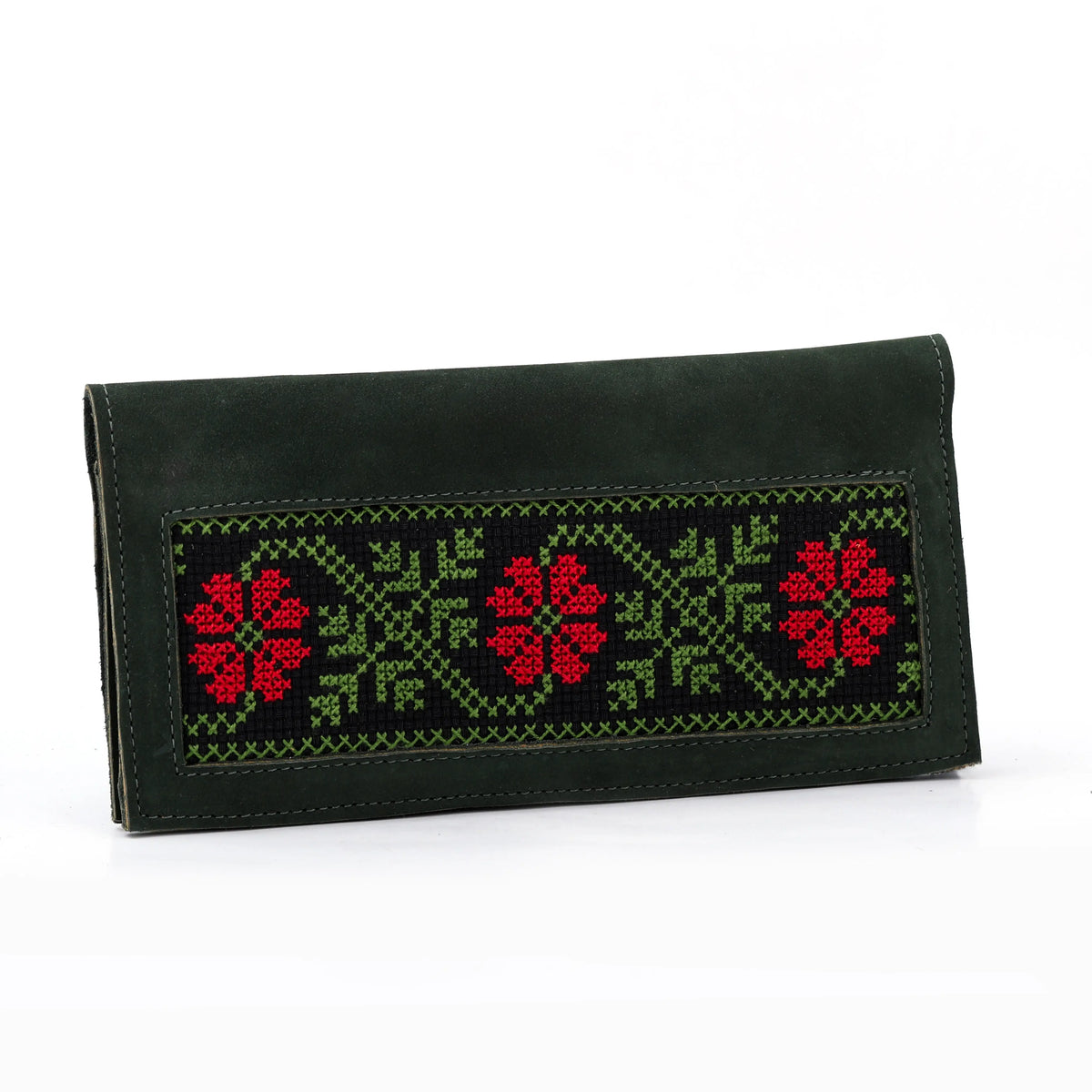 Green Leather Embroidered Long Wallet