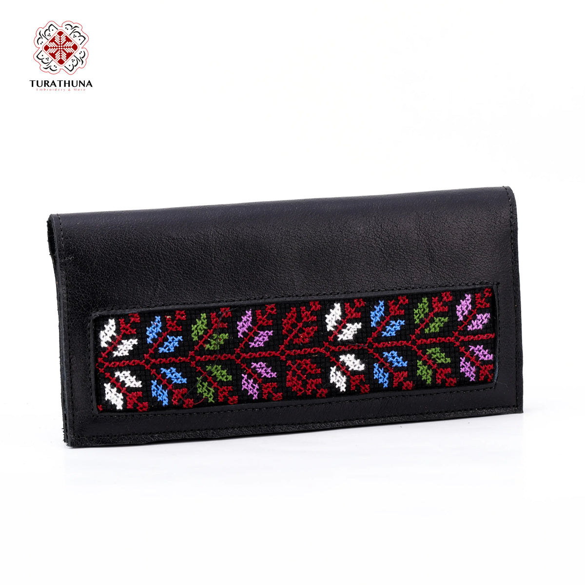 Black Leather Embroidered Long Wallet