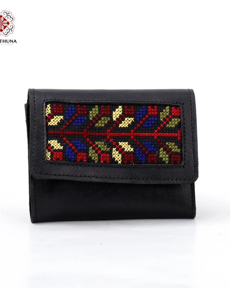 Black Leather Compact Wallet with Multicolor Scattered-Cross Tatreez