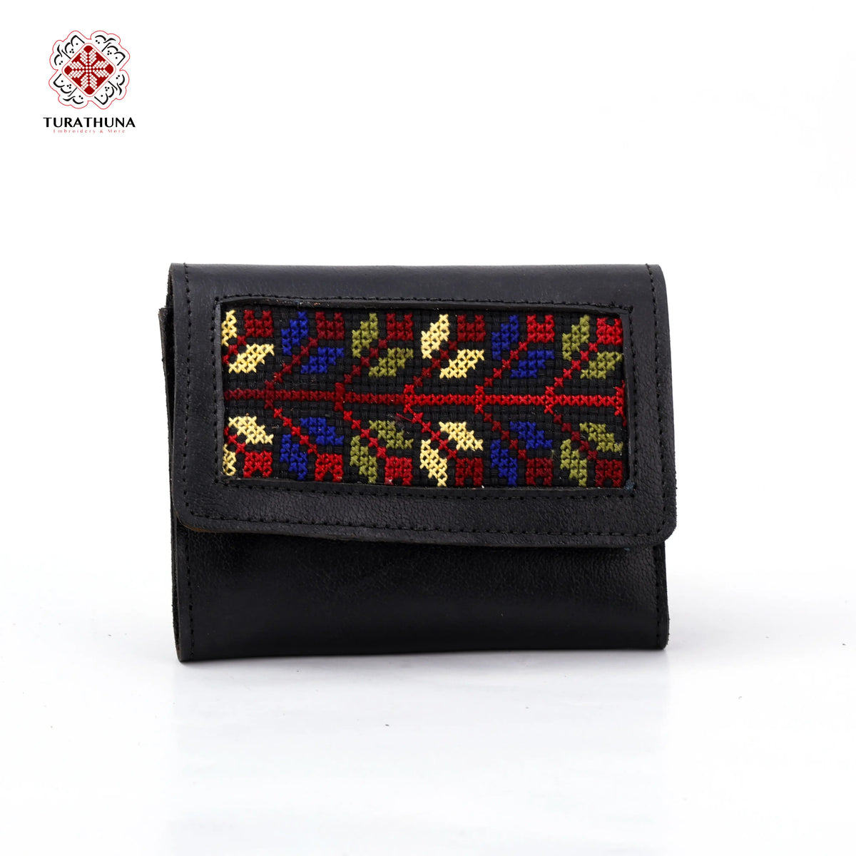 Black Leather Embroidered Compact Wallet