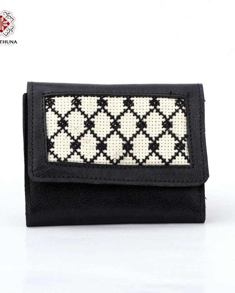 Black Leather Compact Wallet with Black Diamond-Lattice Tatreez
