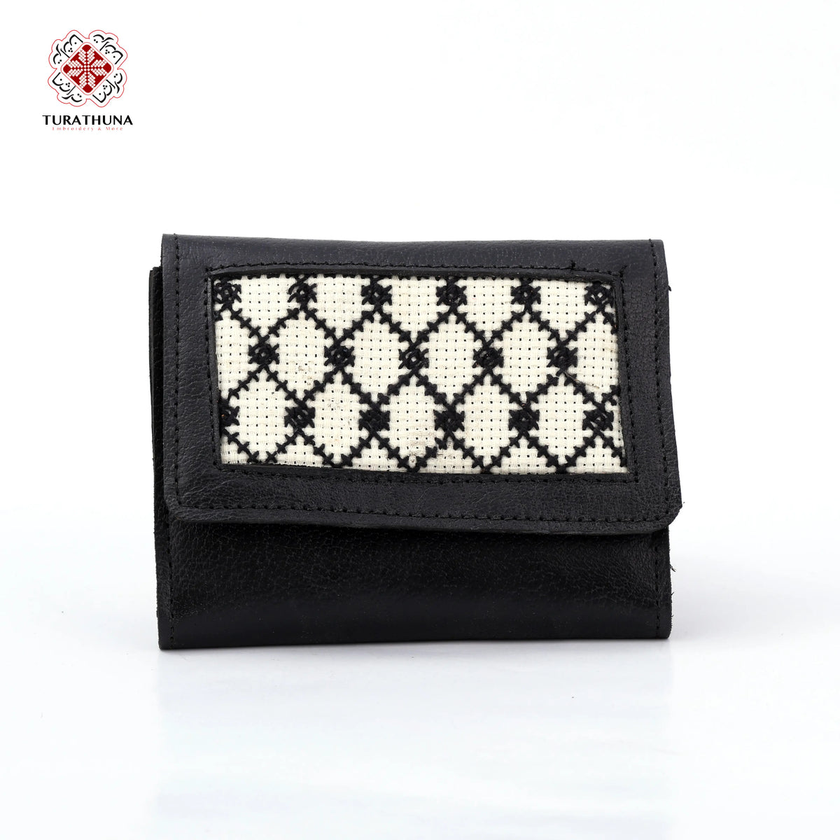 Black Leather Embroidered Compact Wallet