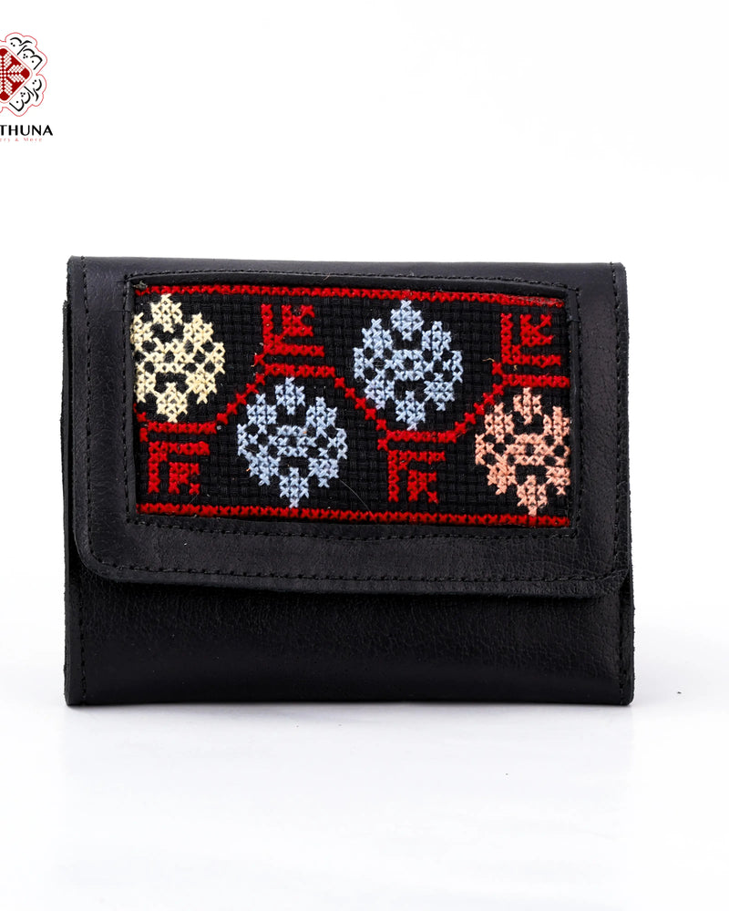 Black Leather Compact Wallet with Blue & Coral Floral Tatreez