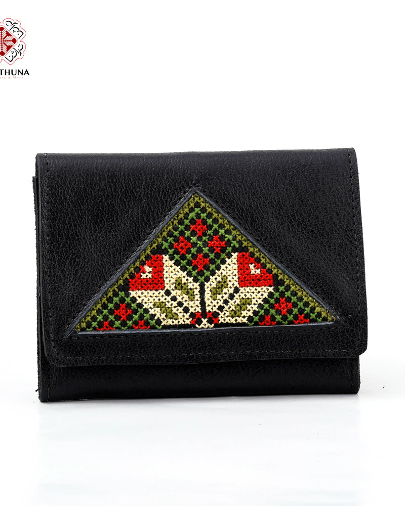 Black Leather Compact Wallet with Red & Green Cypress Triangle Tatreez