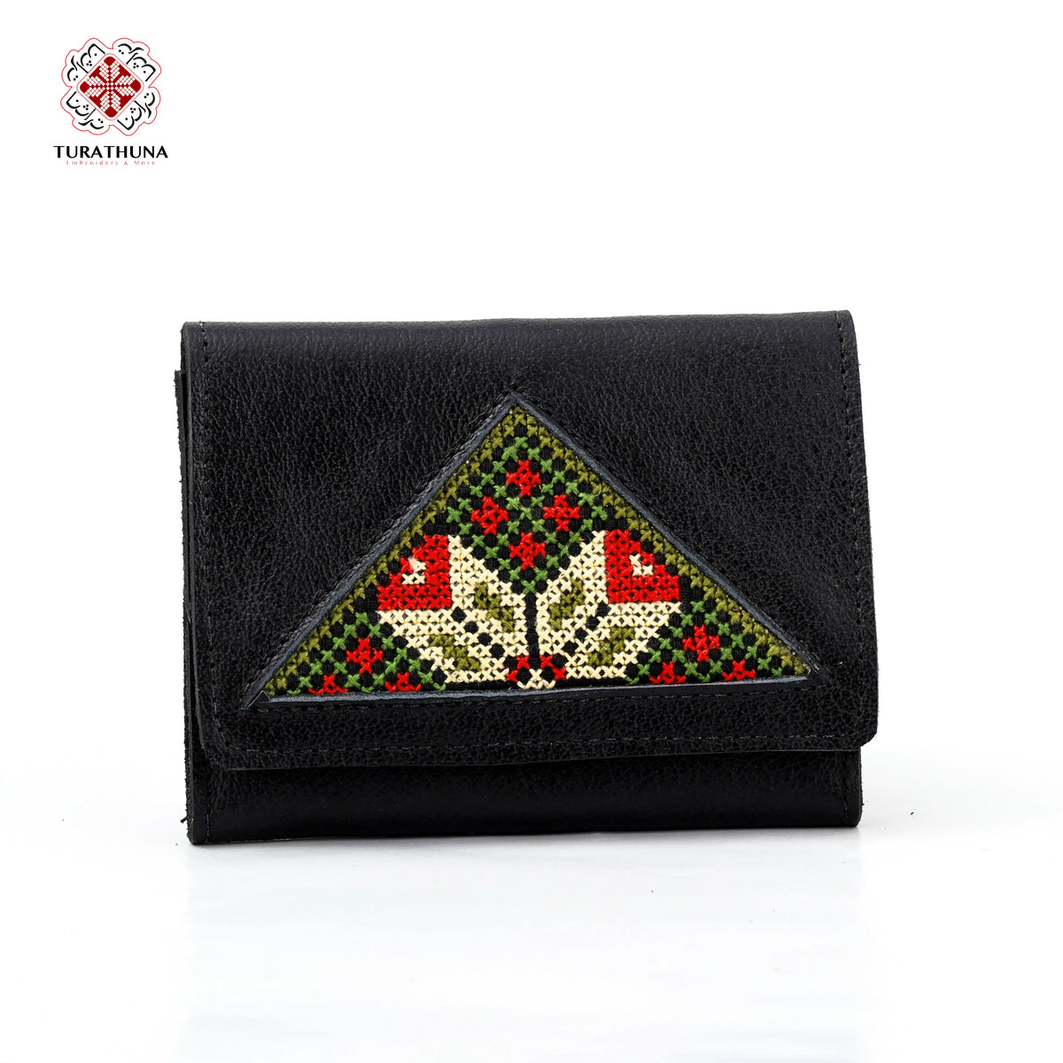 Black Leather Embroidered Compact Wallet