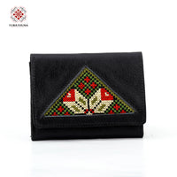 Black Leather Embroidered Compact Wallet