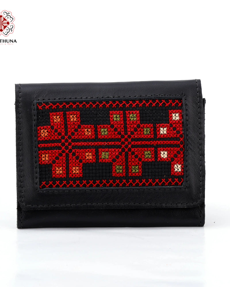 Black Leather Compact Wallet with Red Eight-Point Star Tatreez