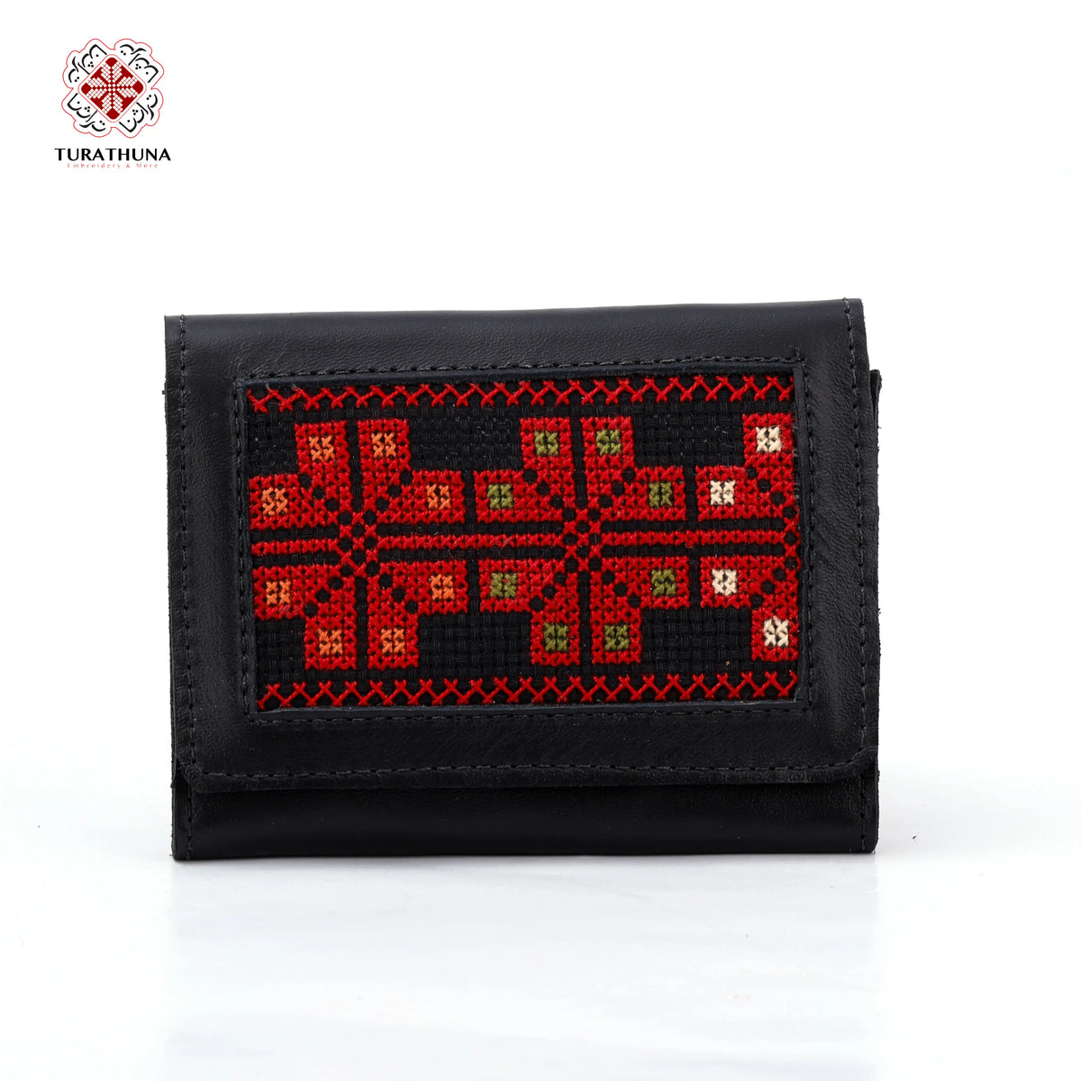 Black Leather Embroidered Compact Wallet
