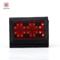 Black Leather Embroidered Compact Wallet