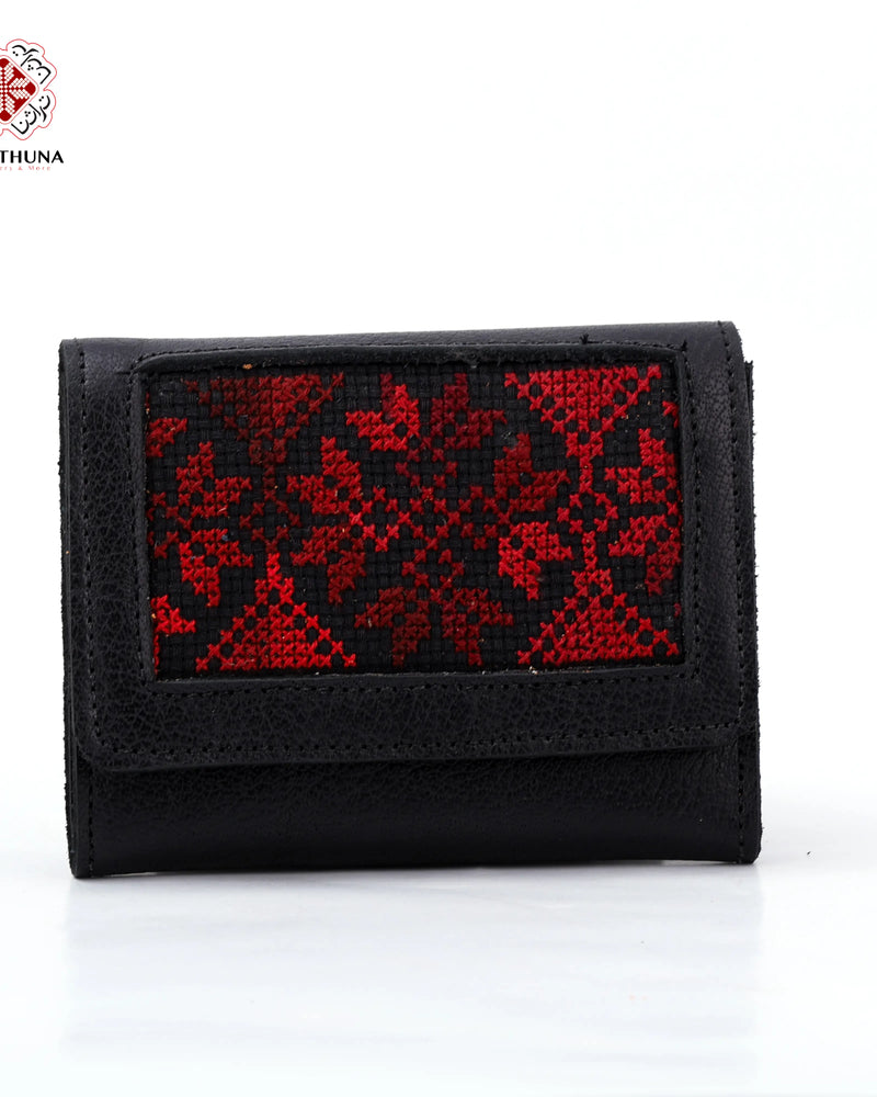 Black Leather Compact Wallet with Crimson Cypress-Branch Tatreez