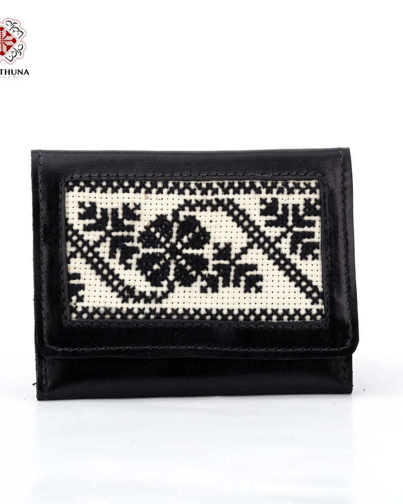 Black Leather Compact Wallet with Black Floral Vine Tatreez
